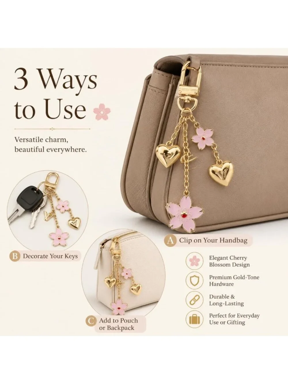 Cute Cherry Blossom Keychain Charm | Flower & Heart Bag Accessory with Swivel